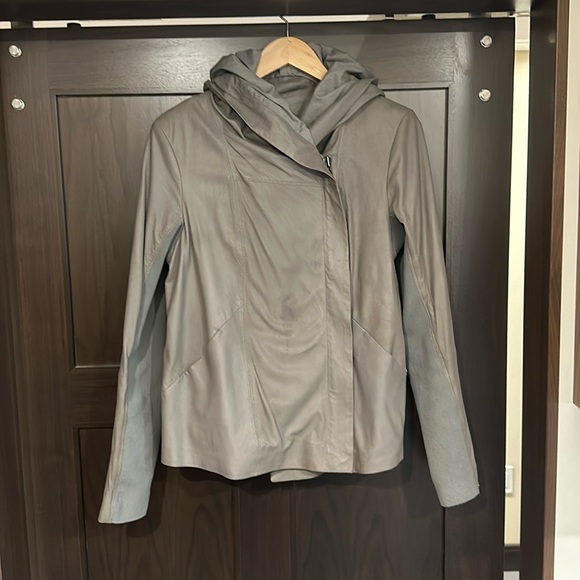 Grey Leather Jacket with Hood - Picture 1 of 4